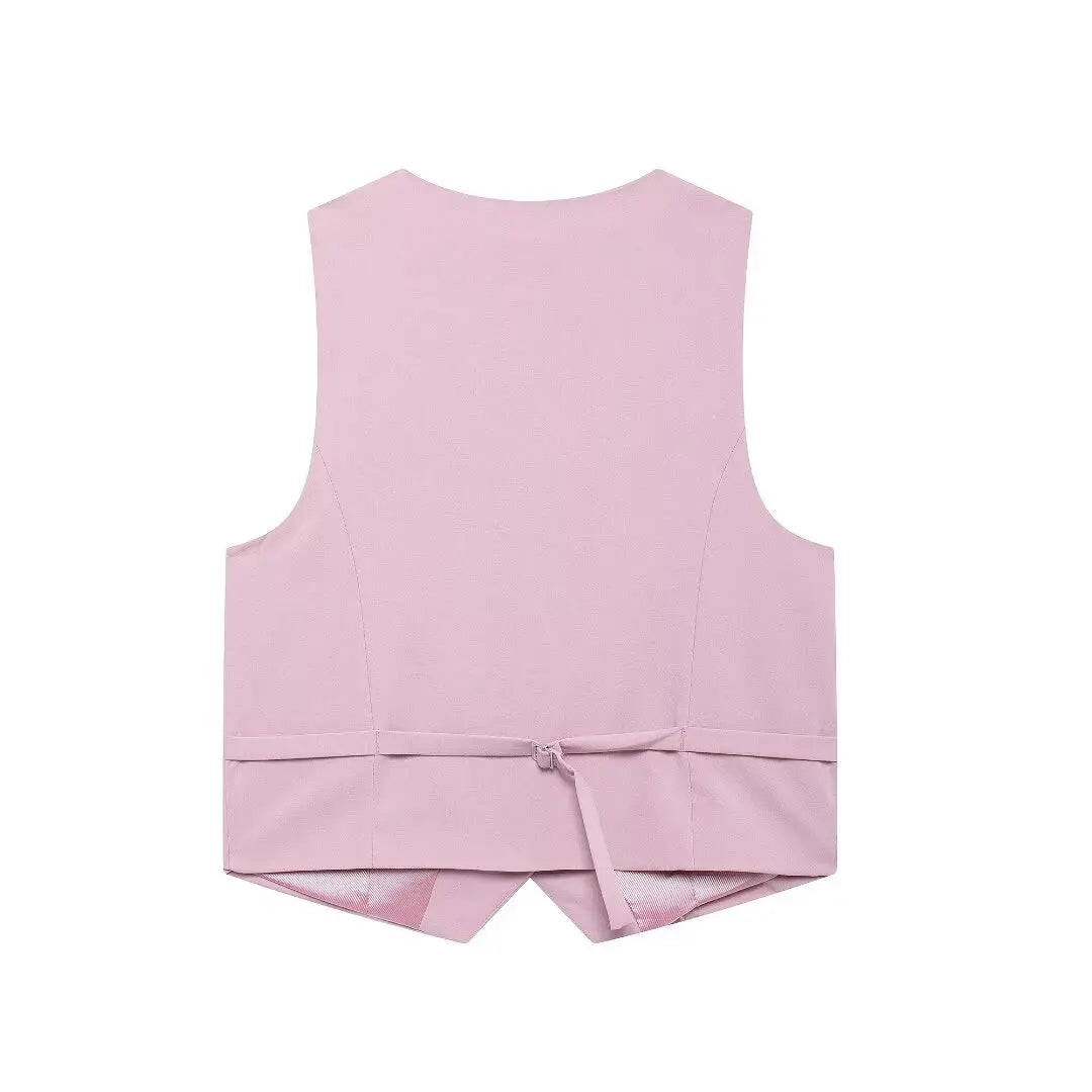 Solid Sleeveless V-Neck Vest and High Waist Zipper Loose Pants Set for Office and Casual Wear