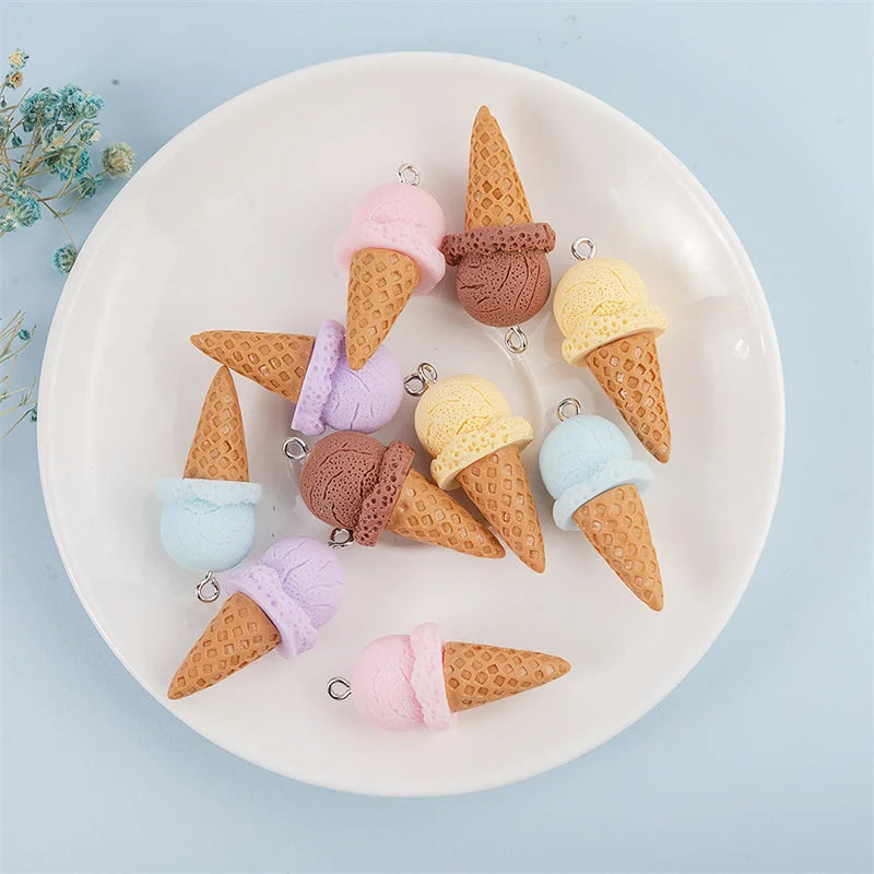 10Pcs Cute 3D Ice Cream Resin Charms for DIY Jewelry and Craft Accessories 38mm x 15mm