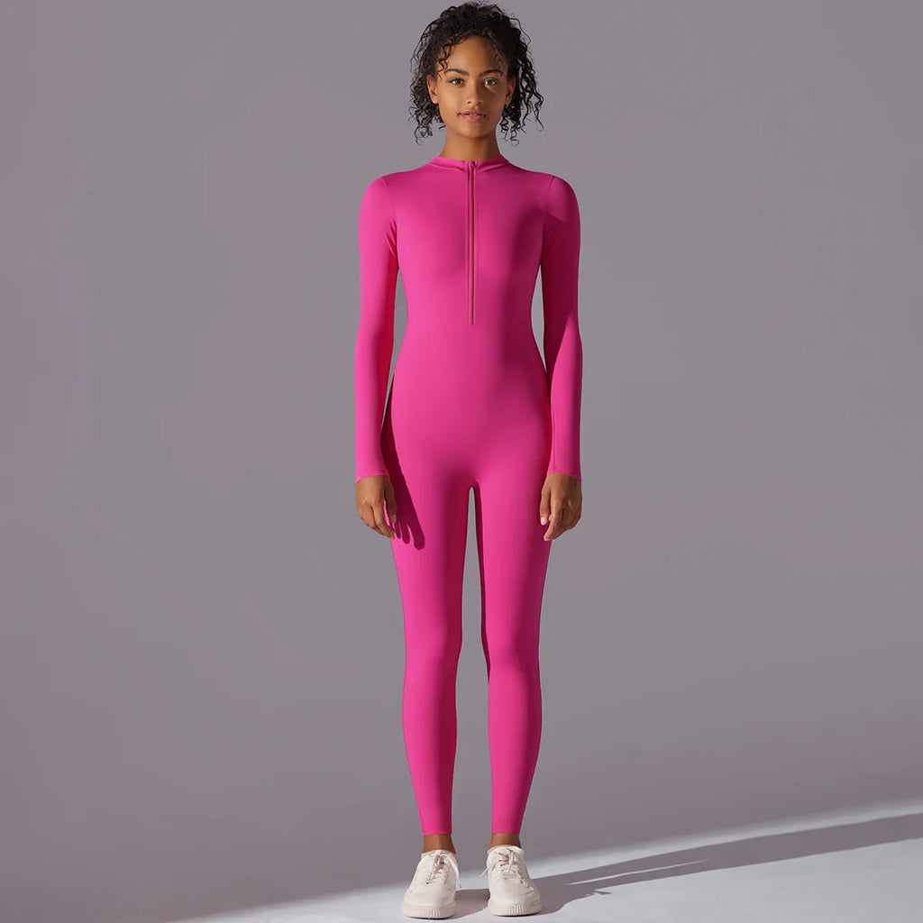 Women Nude Zipper Yoga Jumpsuit Long Sleeve One Piece Leotard High Intensity Workout Fitness Dance Gym Aerial Activewear