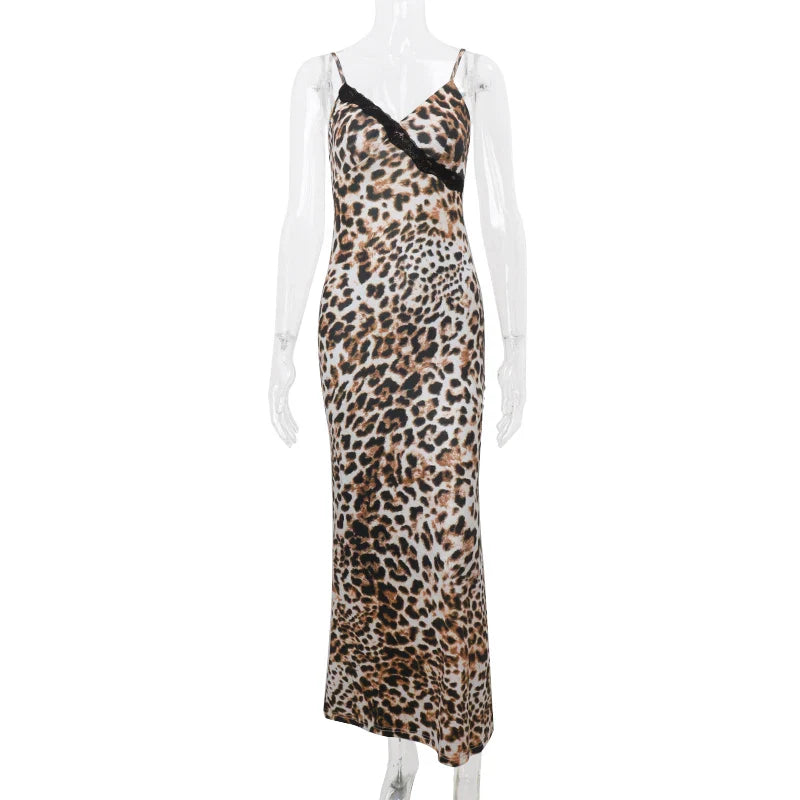 Leopard Print Slip Dress V Neck Sleeveless Party Dress