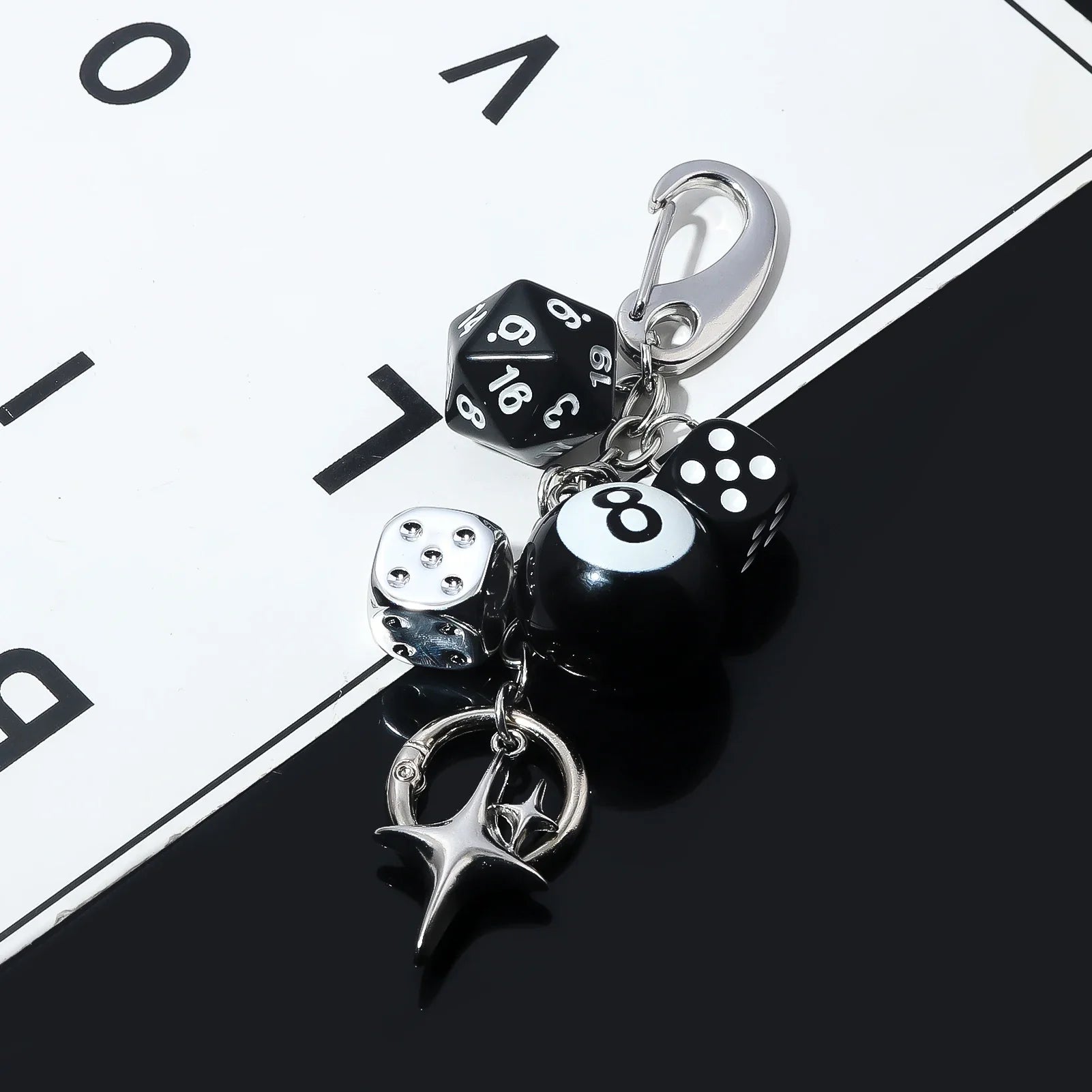 Hiphop Black Dice Billiards Keychain Y2K Starburst Pendant Bag Charm Punk Accessory