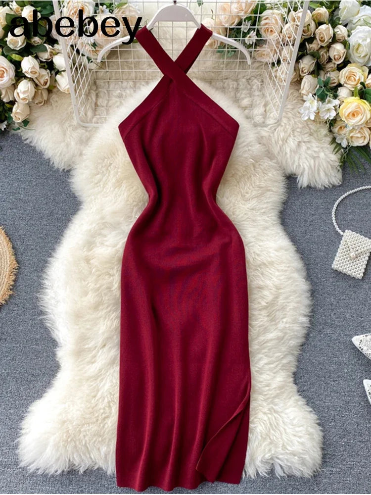 Elegant Solid Backless V Neck Knit Bodycon Dress For Women