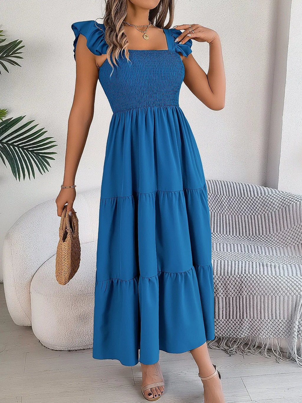 Square Neck Maxi Dress for Women Solid Summer Color