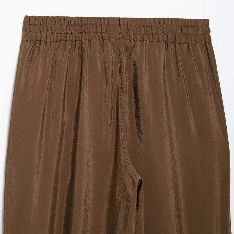 Chic Women's Brown Two Piece Set with Single Breasted Shirt and Vintage Elastic Waist Trousers