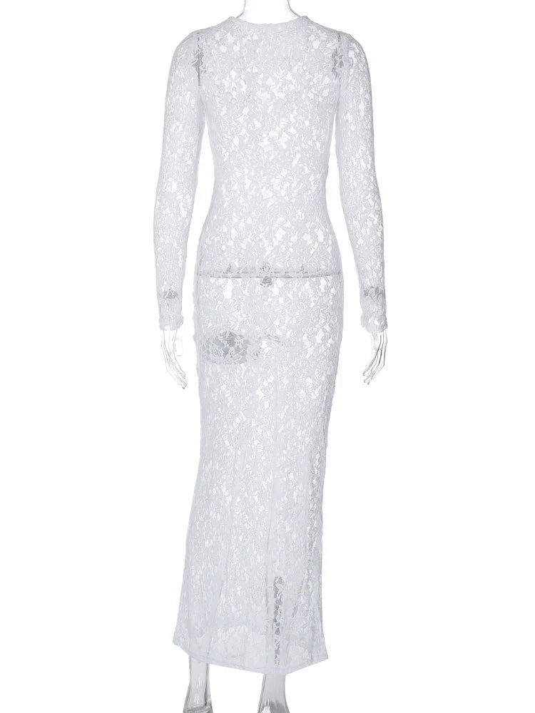 Floral Print Sheer Maxi Dress Long Sleeve Bodycon Evening