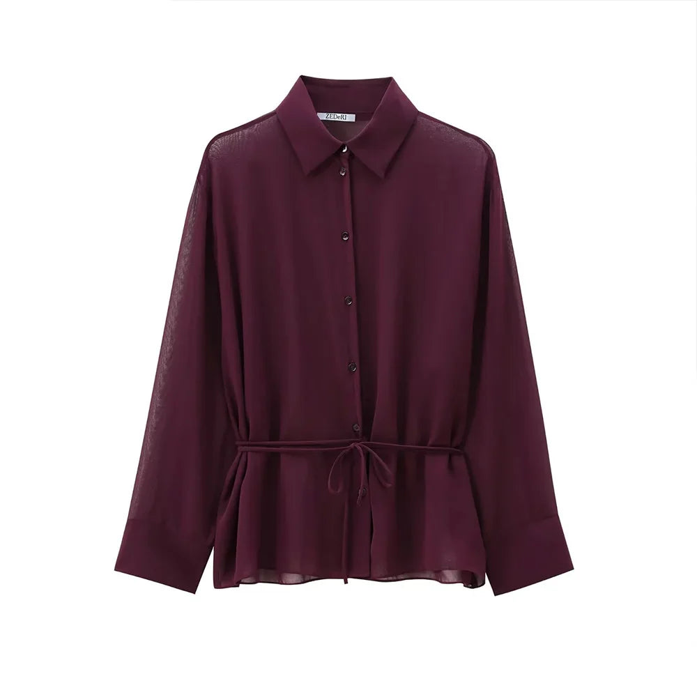 Women's Wine Red Polo Collar Chiffon Shirt Long Sleeve Single Breasted Bow Lace Up Loose Blouse