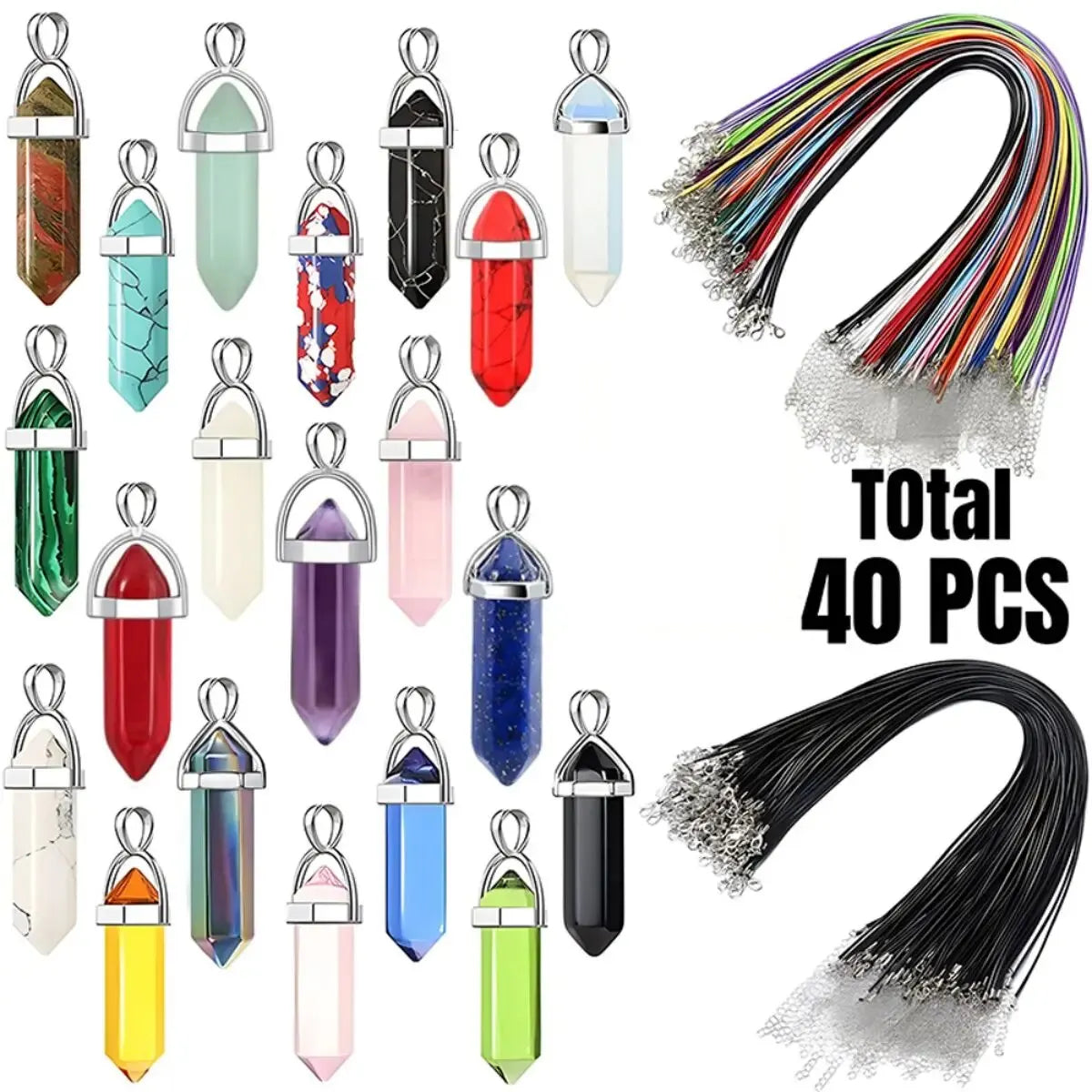 40PCS Hexagonal Chakra Crystal Pendant Necklace Set with Pointed Quartz Stones and Leather Chain Storage Bag