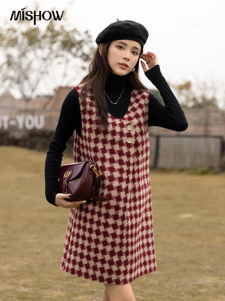 Plaid Vest Dress Aline Woolen Sleeveless Vneck Chic