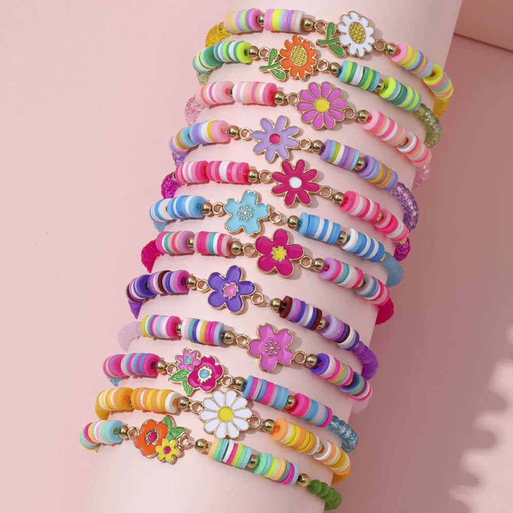 12Pcs Unicorn Cat Flower Charm Elastic Beaded Bracelets for Girls Birthday Party Jewelry Friendship Gift