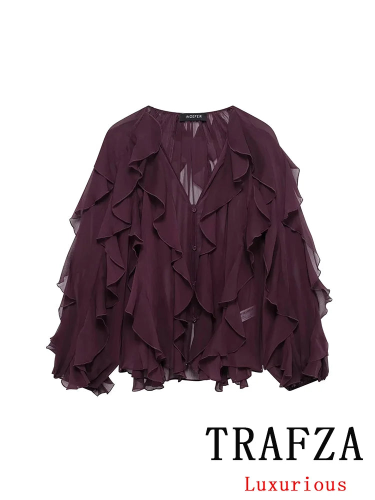 Burgundy Mesh Ruffle Blouse for Women Long Sleeve Sheer Loose Fit Elegant Party Top