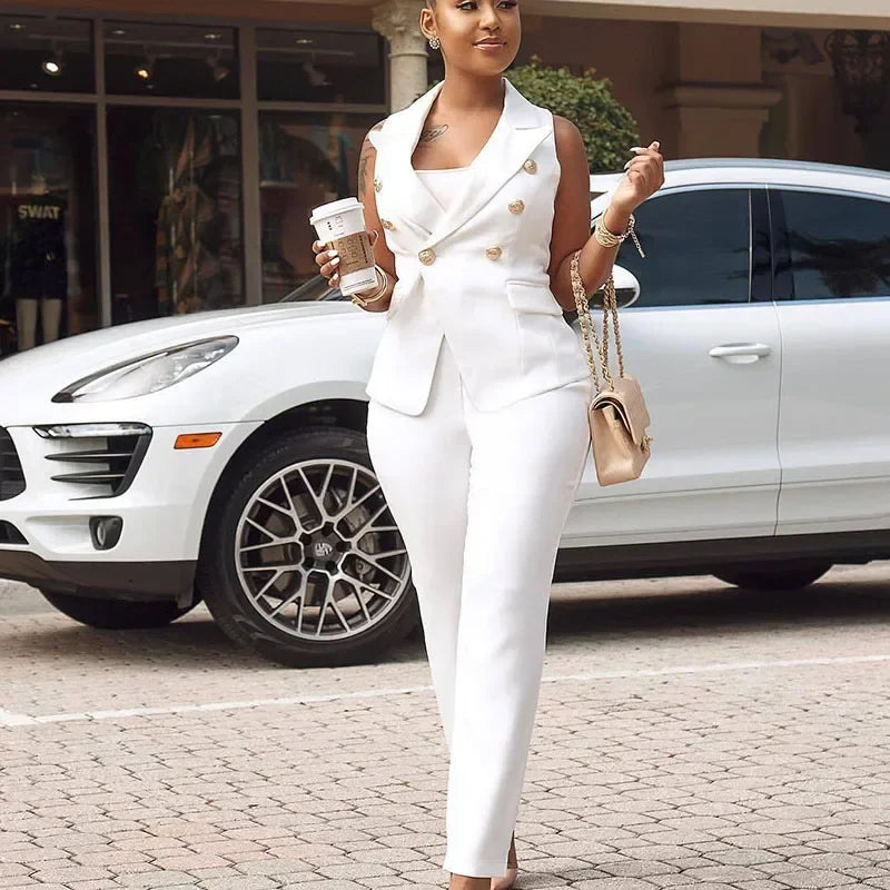 Elegant Women's Two Piece Suit Set with Sleeveless Blazer