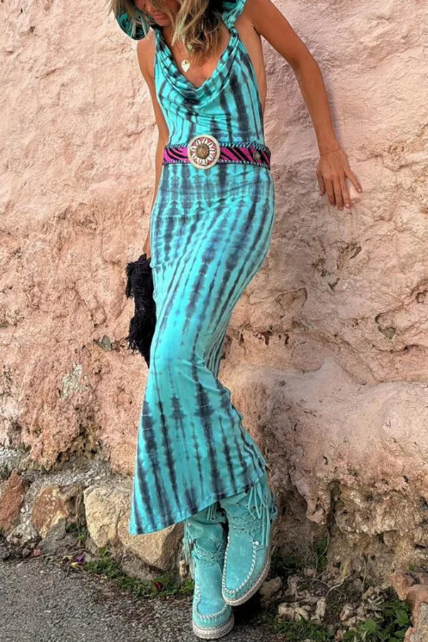 Open Back Maxi Dress Hooded Tie Dye Ethnic Style Chic