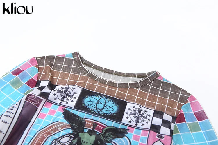 Aesthetic Print Women 2 Piece Set Vintage Hipster Autumn O-neck Full Sleeve Tops and High Waist Pants Clubwear