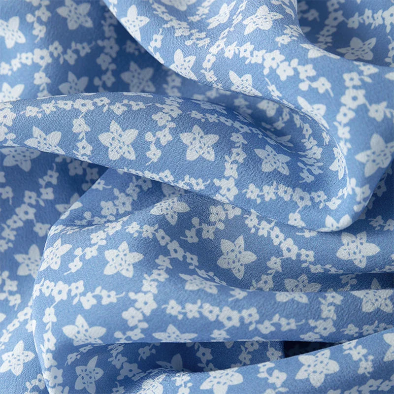 Silk Midi Dress For Women Blue Floral Ruffles V Neck