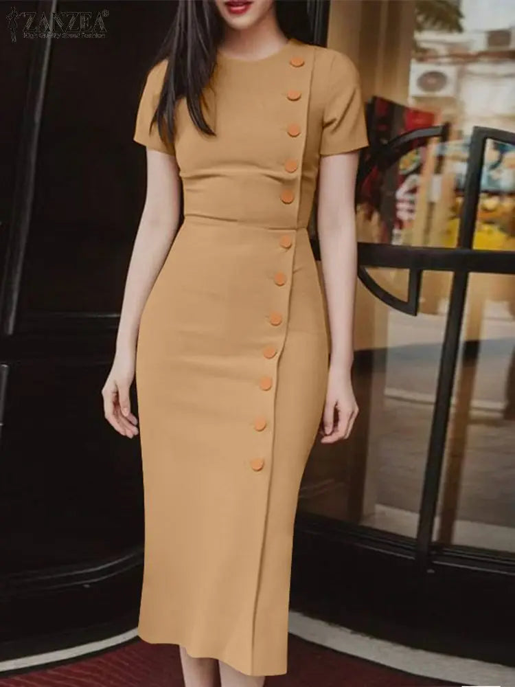 Elegant Women Midi Dress Solid Color Short Sleeve Casual