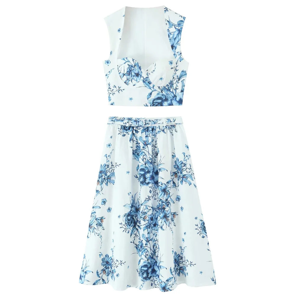 Women's Sleeveless Floral Print Crop Top and Midi Skirt Set in White with Blue Flowers for Chic Summer Style
