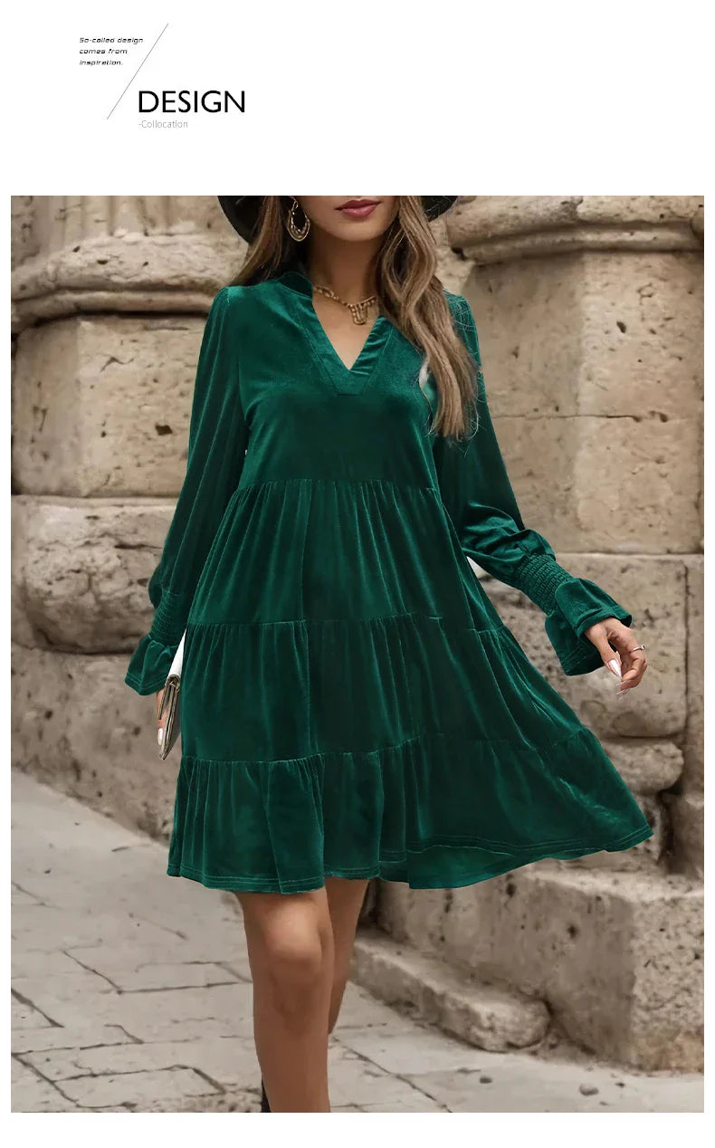 Velvet V Neck Ruffle Dress for Women Autumn Elegance