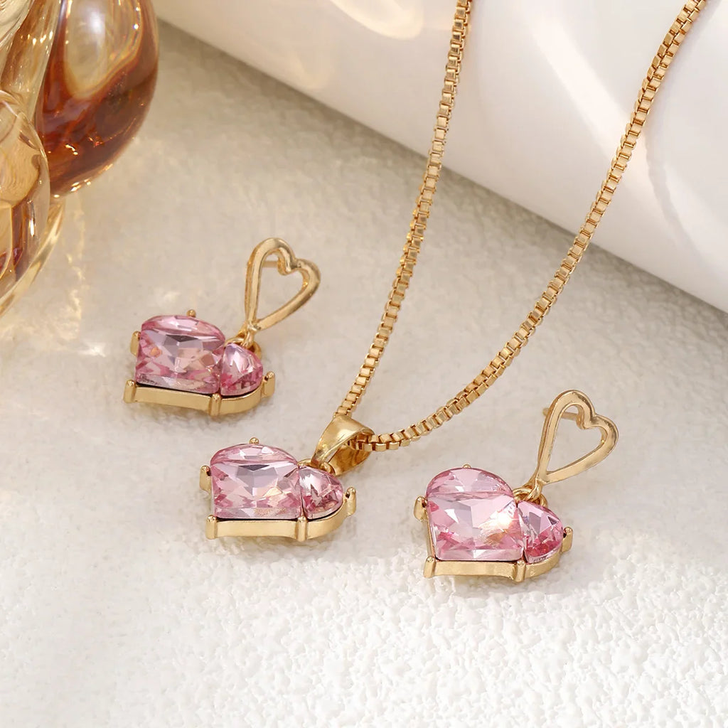 3pcs Y2K Heart Shaped Zircon Pink Crystal Jewelry Set for Women Elegant Earrings and Necklace Gift