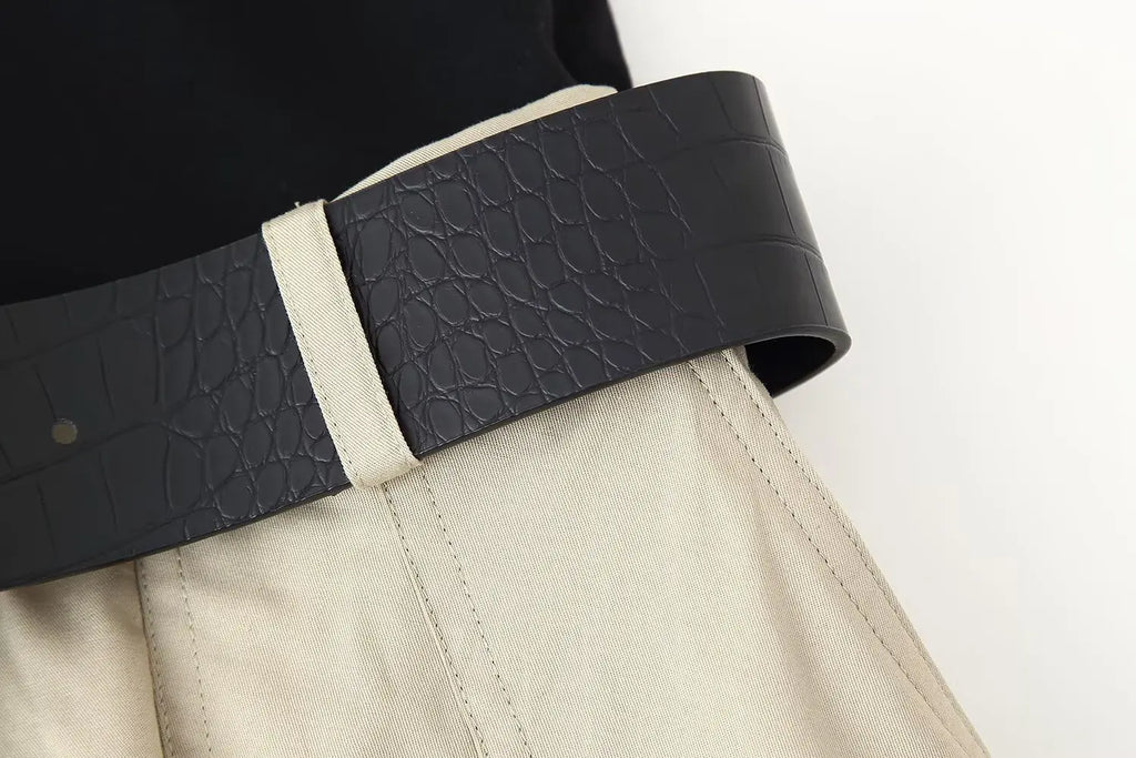 High Waist Pleated Dress With Belt Round Neck Sleeveless