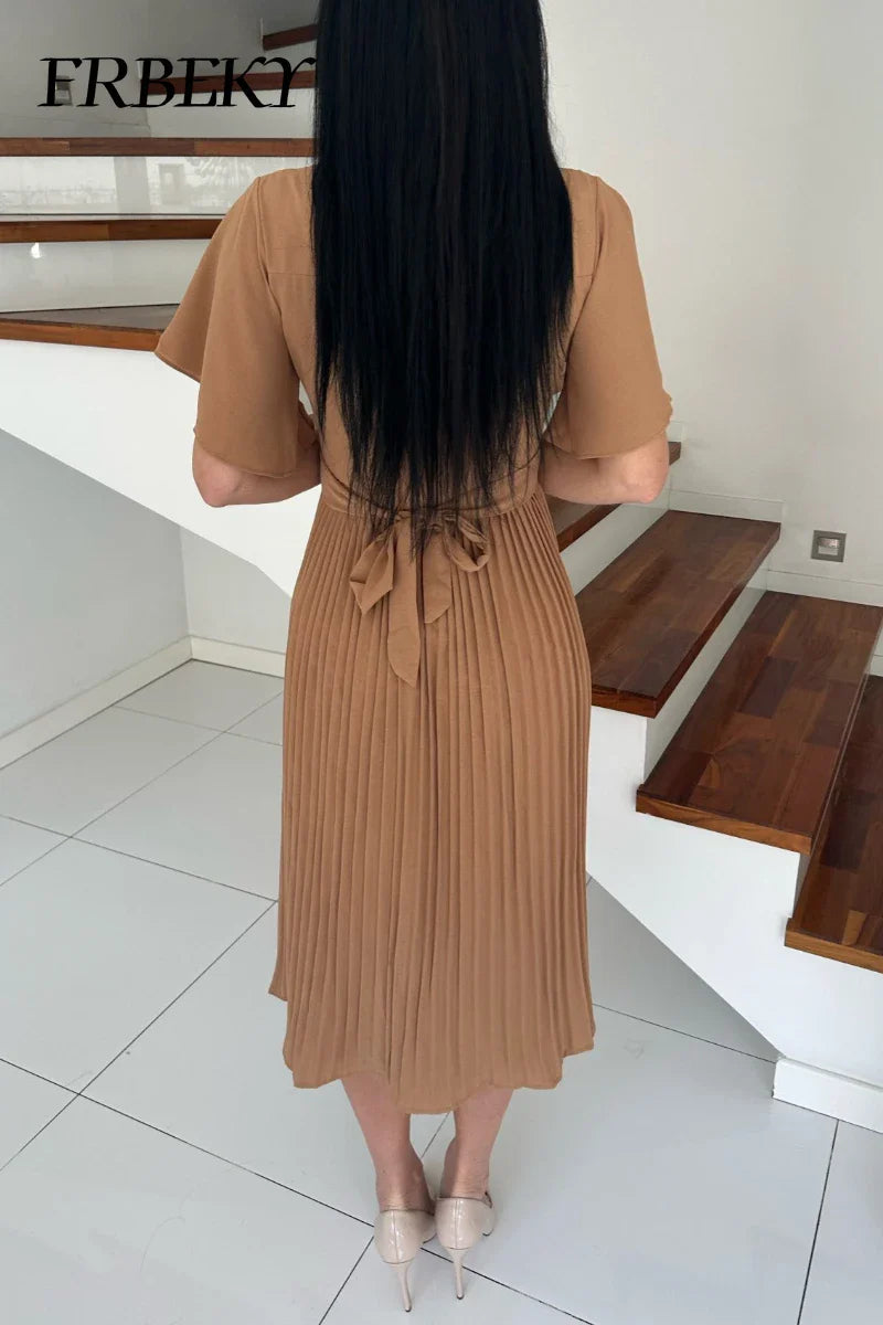 Summer V-Neck Pleated Dress With Lace Up Waist Long Skirt