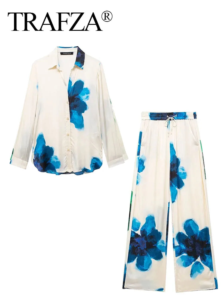 Floral Print Button-Up Shirt and Elastic Waist Wide Leg Pants Summer Set for Women