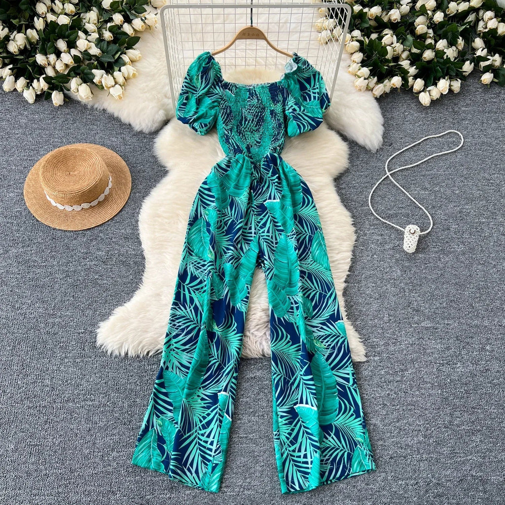 Square Neck Loose Pleated Jumpsuit with Ruffles Backless Design Wide Leg Long Pants Elegant Chic Printed Playsuit for Women