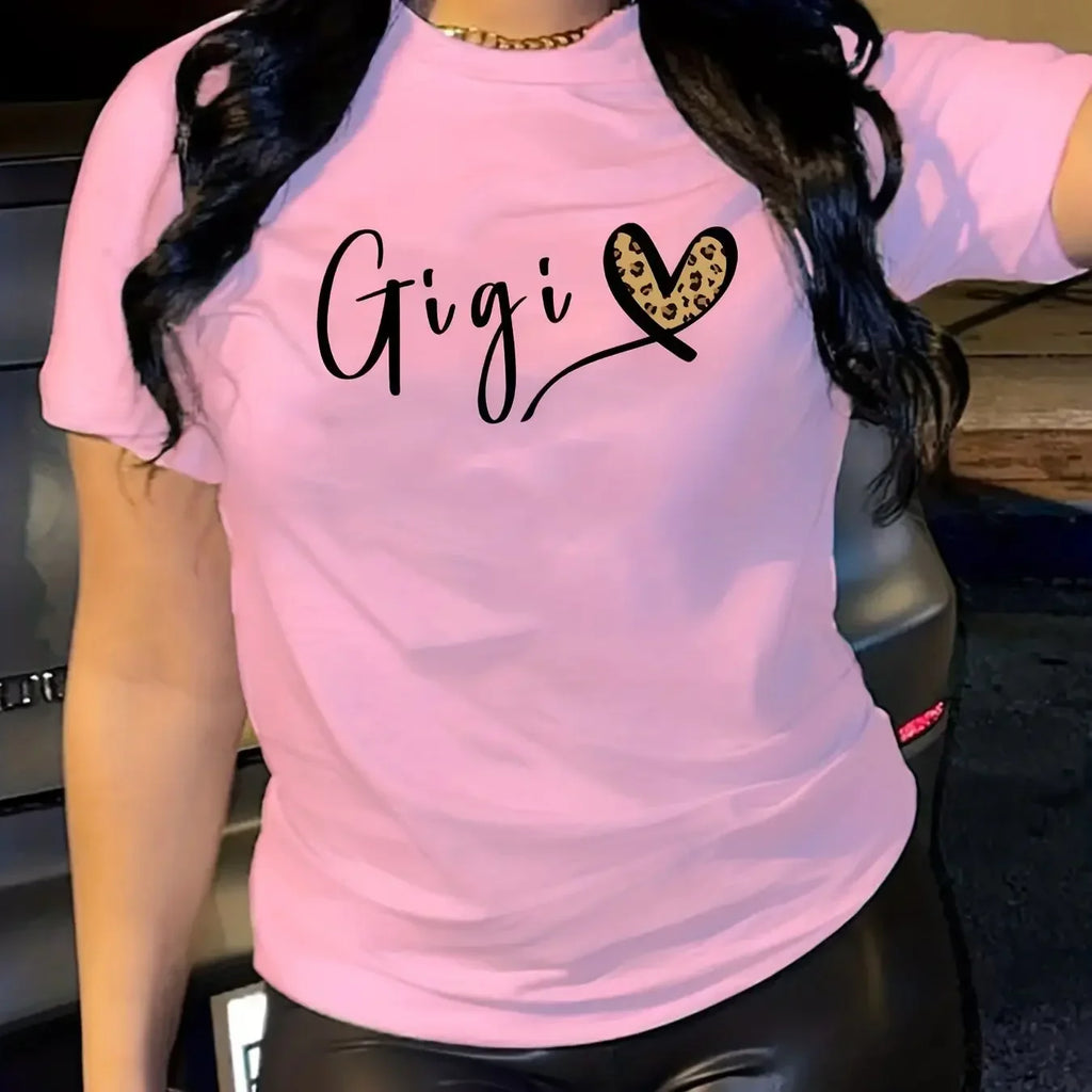 Gigi Letter Heart Print Casual T-Shirt for Women, Crew Neck Short Sleeve Everyday Top