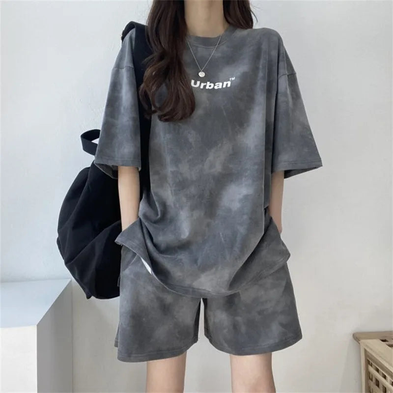 2Piece Women's Tie Dye T-Shirt and Wide Leg Shorts Set Casual Loose Fit Soft Summer Outfit with Pockets