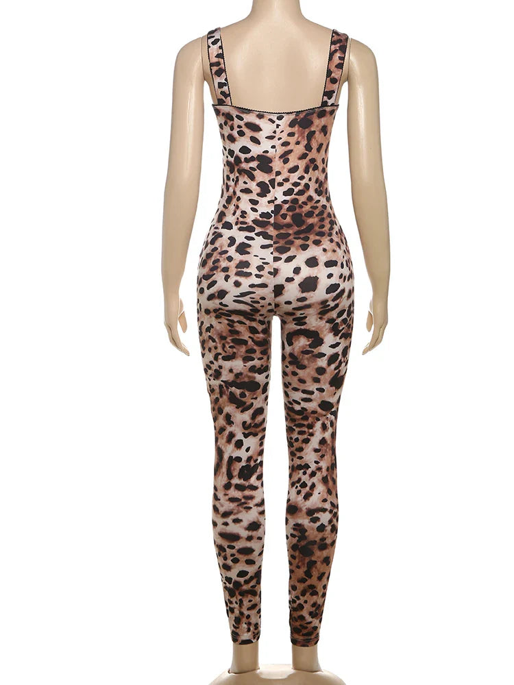 Weird Puss Sexy Sleeveless Leopard Print Jumpsuit for Women Stretch Fit Streetwear Workout Overalls