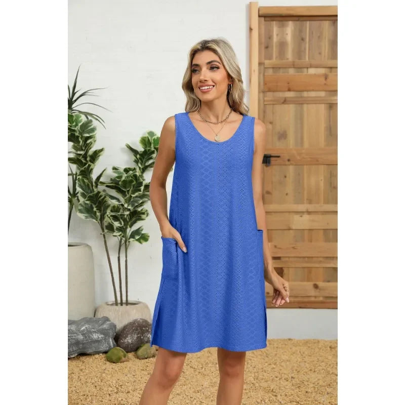 Loose Sleeveless Dress With Pockets Round Neck Solid Color