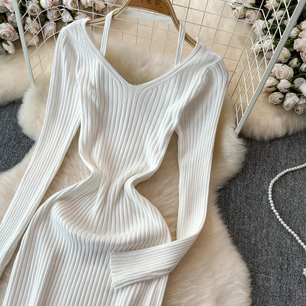 White Long Sleeve V Neck Lace Up Elegant Dress For Women