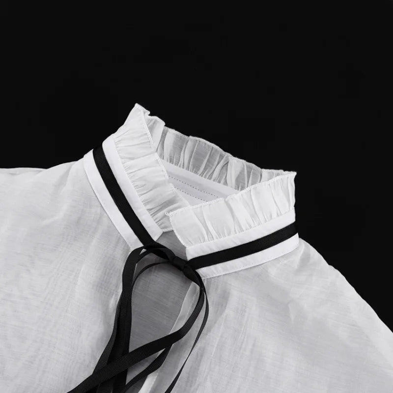Sexy Loose White Women's Shirt With Ruffles Long Sleeve Sheer Elegant Blouse Stylish Transparent Top