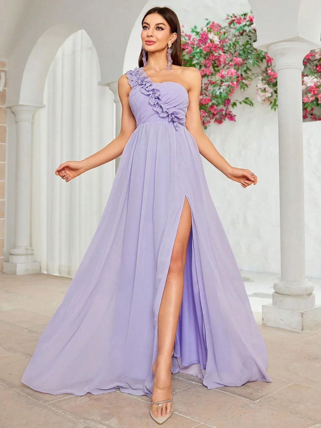One Shoulder Floral Chiffon Evening Gown Asymmetric Back