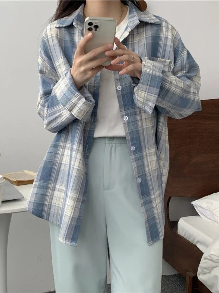 Casual Long Sleeve Plaid Blouse Mid Length Loose Fit Turn Down Collar Shirt for Women Autumn Winter Fashion Top