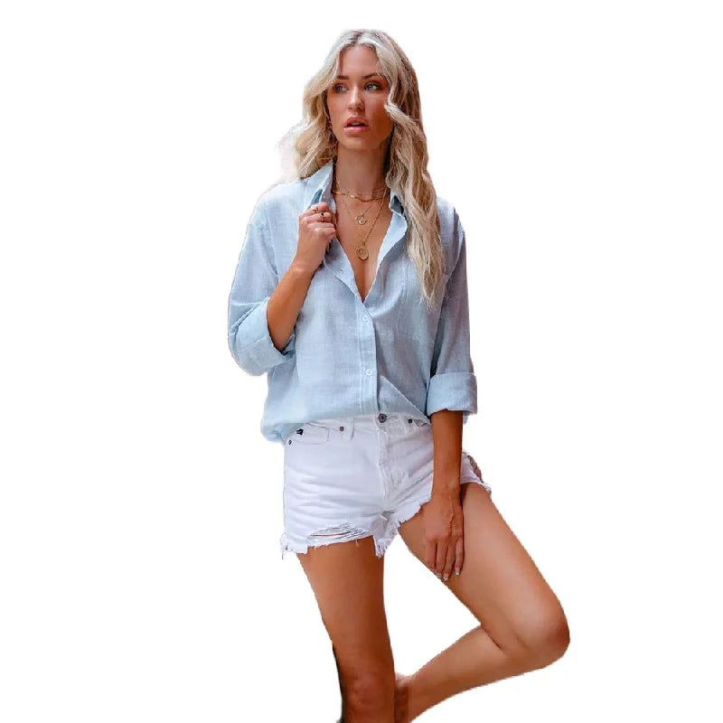 Women Casual Long Sleeve Cotton Linen Lapel Shirt Vintage Loose Blouse Oversized Office Tunic Elegant Solid Color Comfortable Top