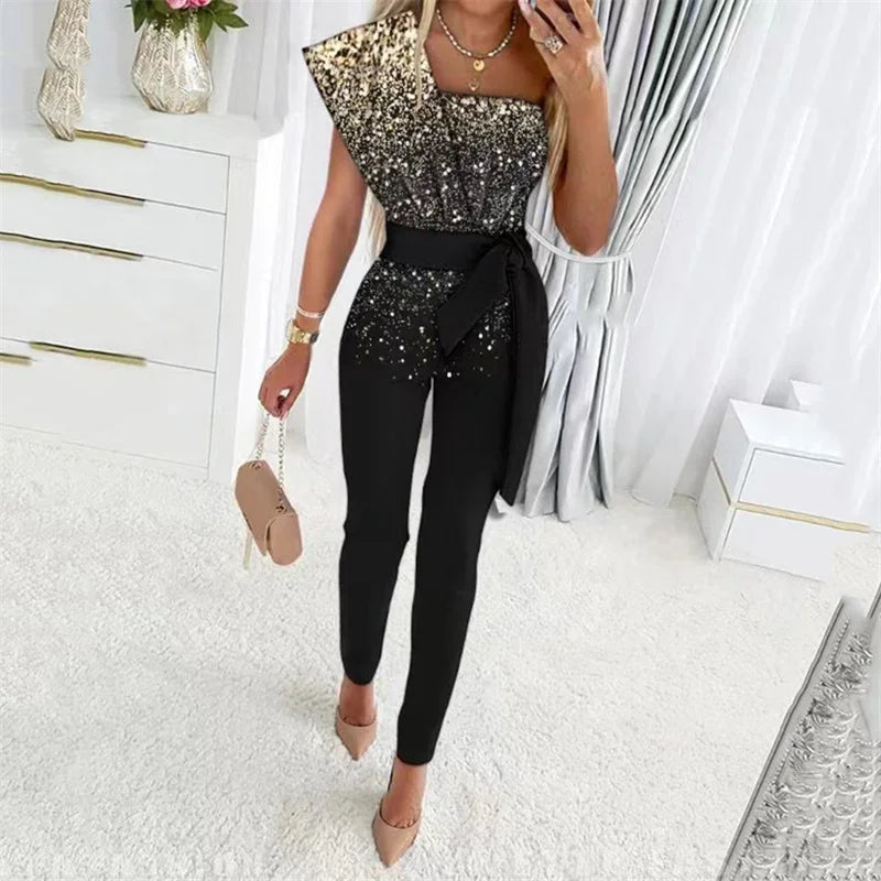 Women's One Shoulder Backless Sequined Jumpsuit Slim Fit Stretch Lace-Up High Waist Romper with Back Zipper