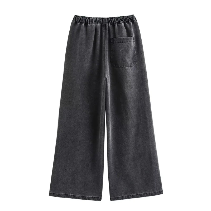 Casual Open Collar Pocket Denim Top and Loose Wide Leg Drawstring Waist Denim Pants Two Piece Set for Women