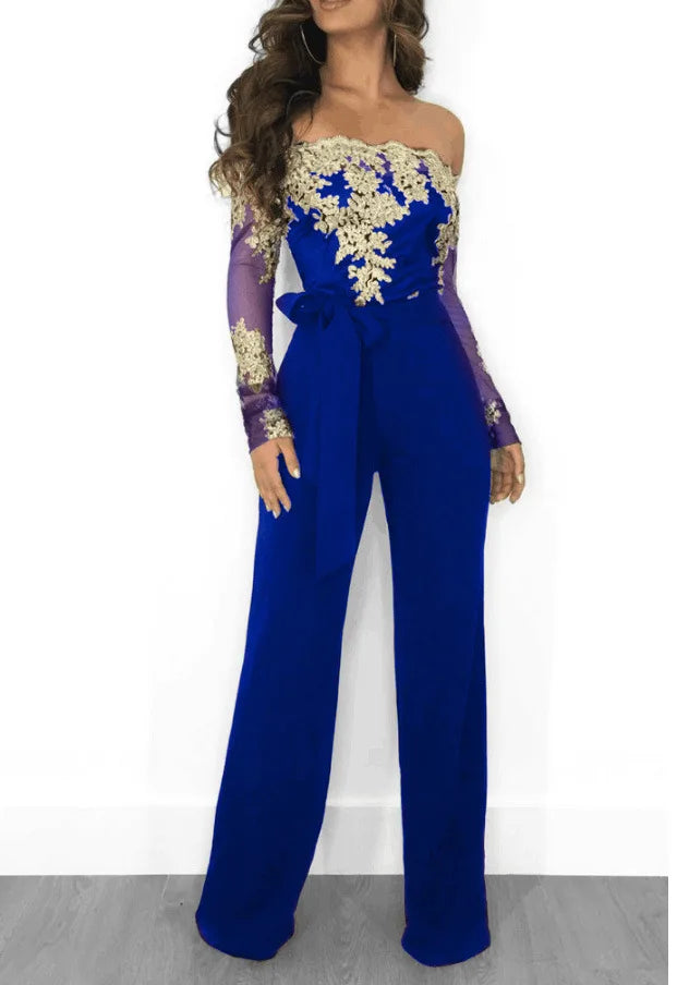 Appliques Lace Patchwork Off Shoulder Jumpsuit for Women with Slash Neck Long Sleeve and Elegant Wide Leg Pants Party Overalls