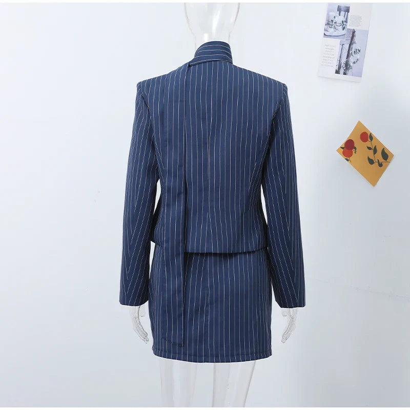Women's Street Striped Blazer and Skirt Set Slim V-Neck Single Breasted Coat with Ribbon Accent Hip-Hugging Package Skirt Chic Spring Summer Outfit