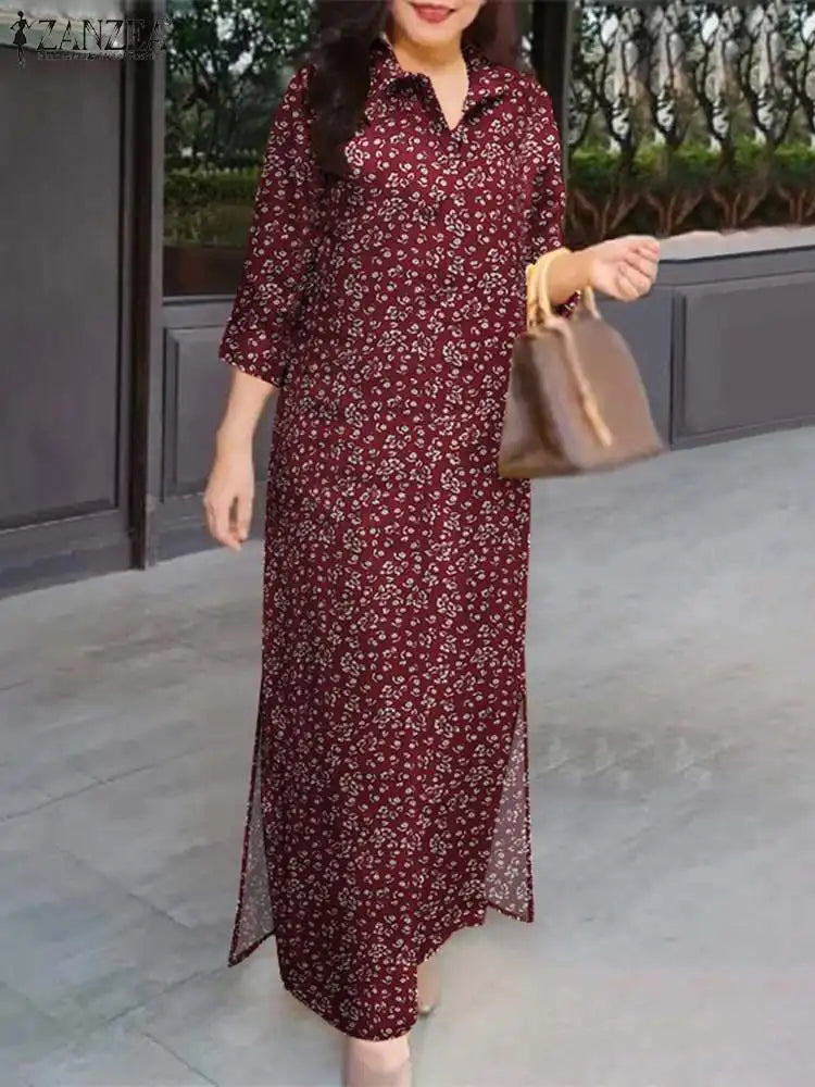 Autumn Floral Cotton Long Shirt Dress For Women With Lapel