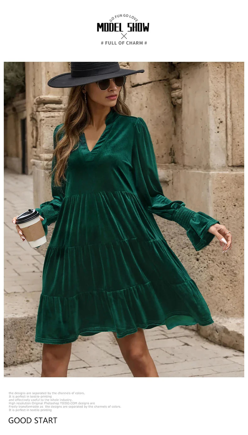 Velvet V Neck Ruffle Dress for Women Autumn Elegance