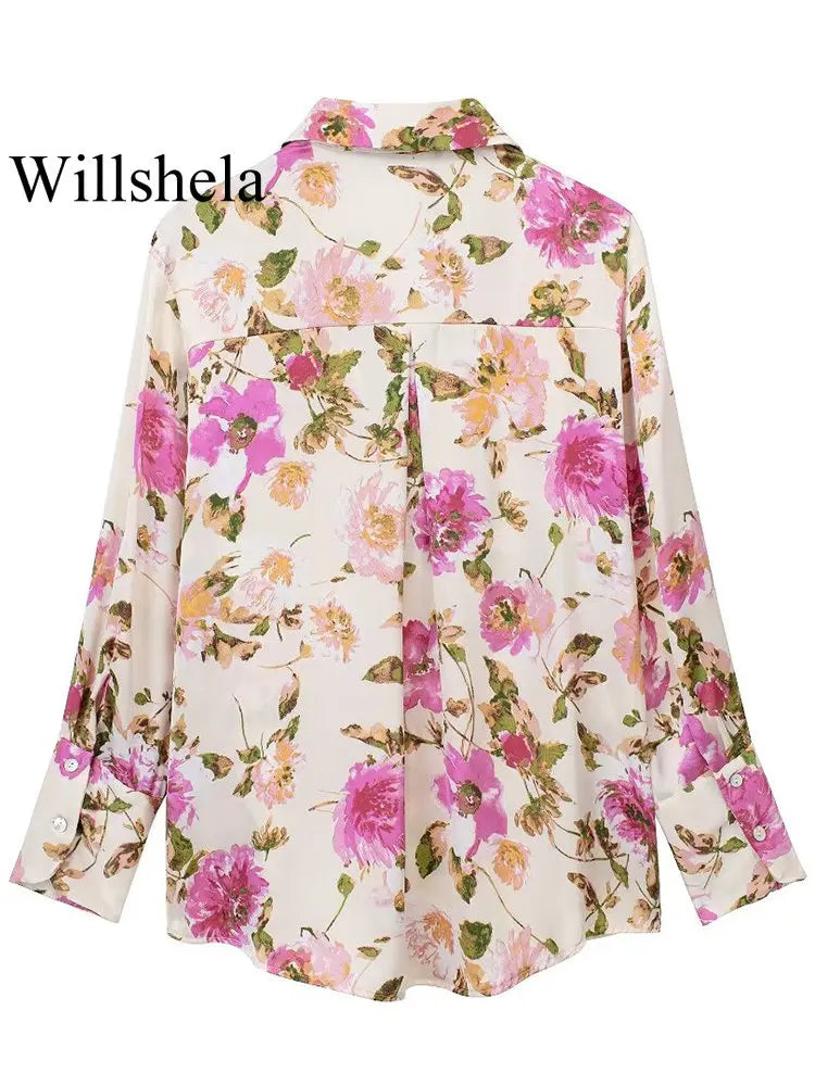 Willshela Women Floral Printed Single Breasted Blouse Vintage Lapel Neck Long Sleeve Chic Shirt