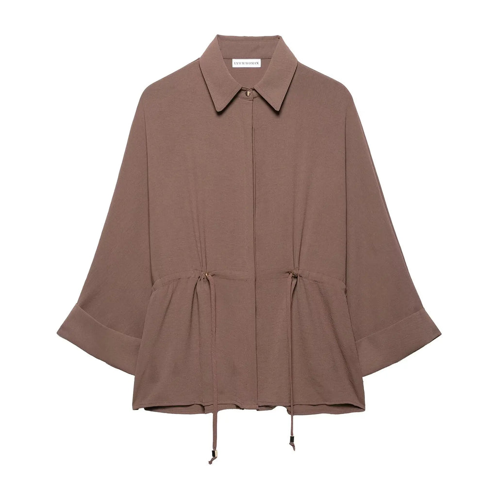 Women Camel Safari Style Flowing Shirt with Drawstring Waist Wide Sleeves and Turn-up Cuffs Casual Blouse for Holiday and Everyday Wear