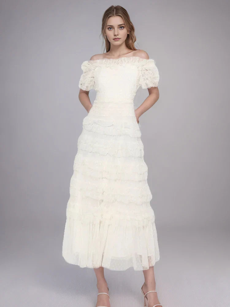 Patchwork Mesh Dress For Women High Waist Ruffled Casual