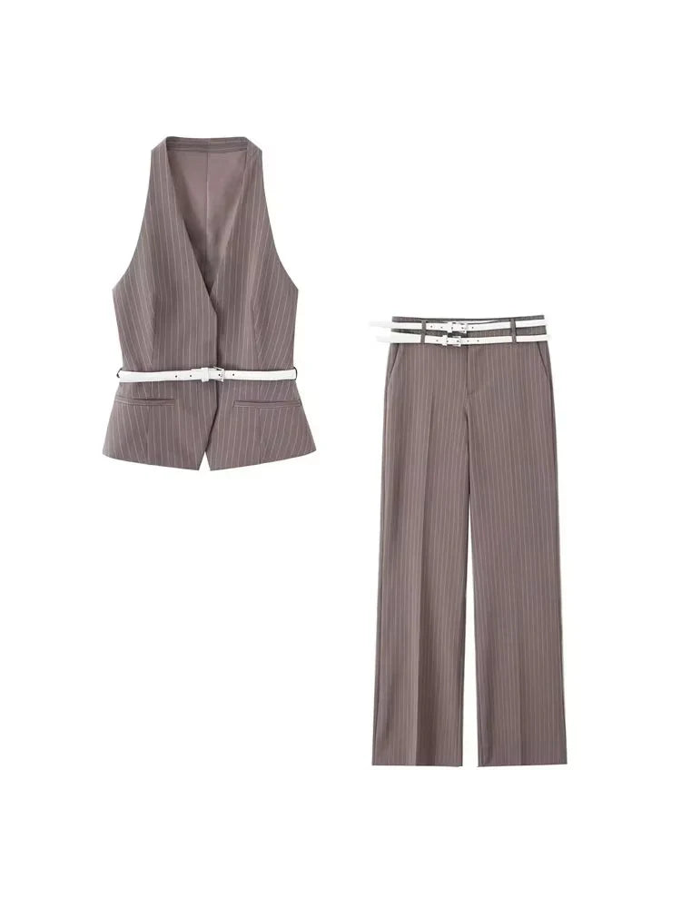 Women's Fashion Striped Two-Piece Set with Belted Waistcoat Top and Low Waist Pocketed Pants