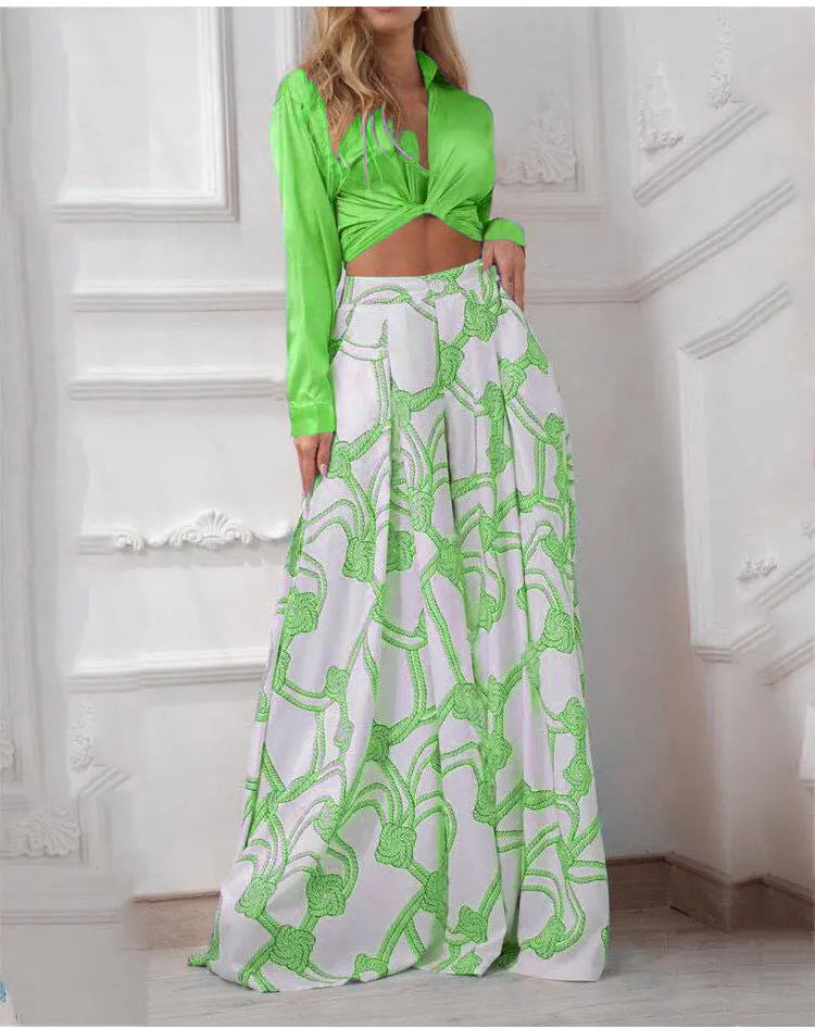 Printed Casual Suit with Lace-Up Shirt and High Waist Wide Leg Pants Set for Women