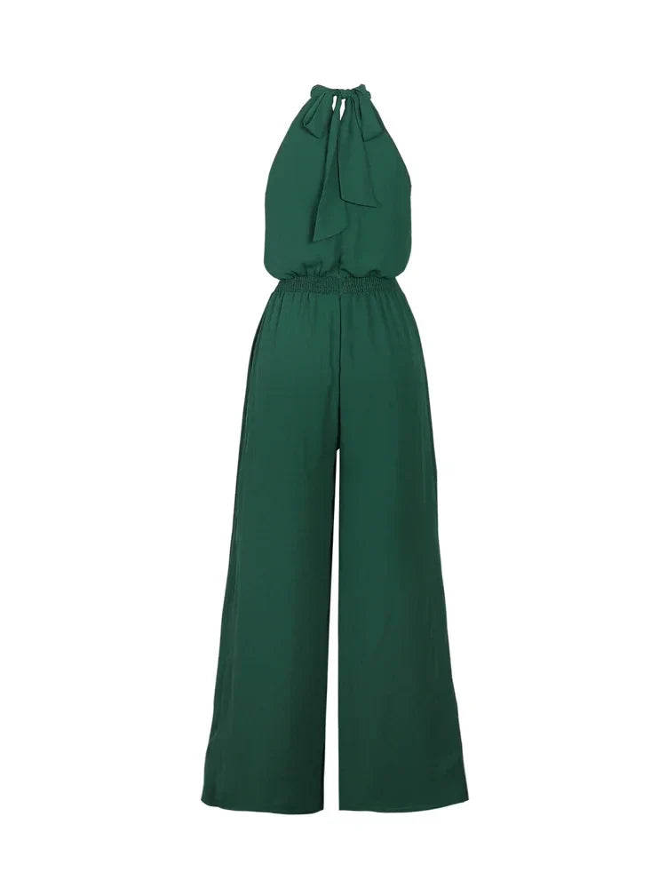 Women's Casual Solid Color Sleeveless Wide-Leg Chiffon Jumpsuit with Hanging Neck and High Waist Ankle-Length Pants for Summer