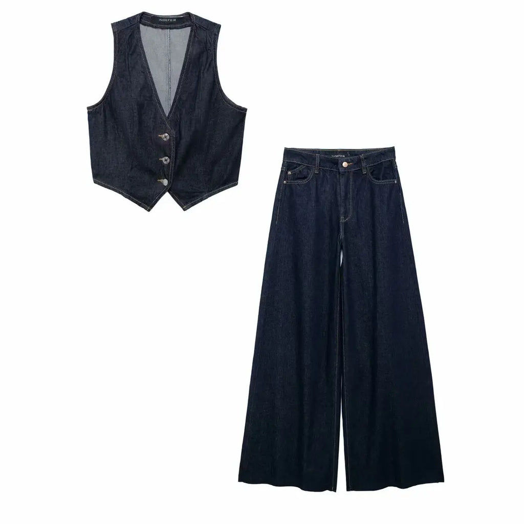 Denim V-Neck Collarless Vest Outfit with Long Pants for Women in Autumn