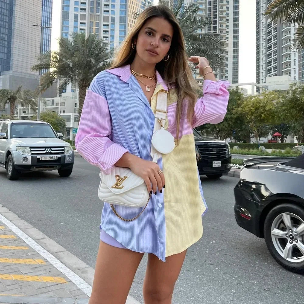 Women Casual Colorblock Striped Long Sleeve Button Up Tunic Shirt with Turn Down Collar Daily Wear Top