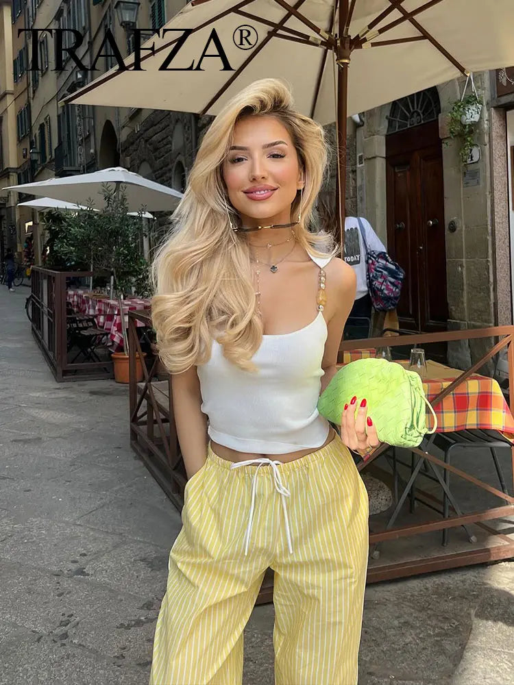 Stylish Women's Yellow Striped High Waist Drawstring Casual Trousers Cozy Loose Long Pants